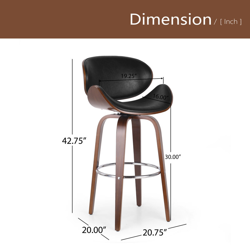 30" Mid-Century Modern Upholstered Swivel Barstool, Black