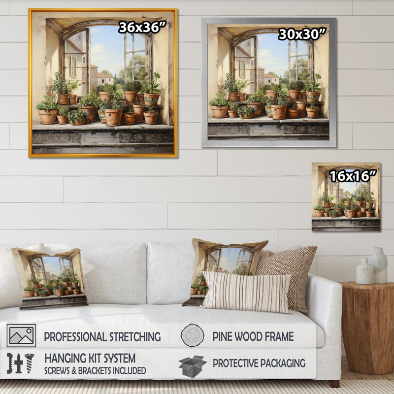 «Italian Poteries Window Charm», art mural fenêtres de ferme, H 36 po x l 36 po x P 1,5 po, Toile tendue