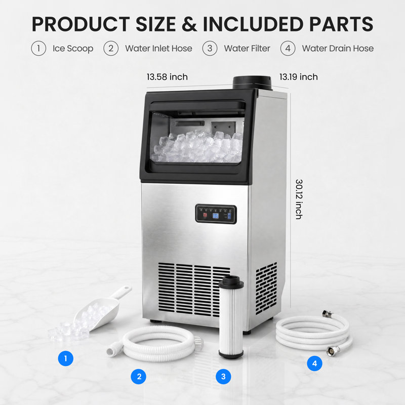 Machine à glaçons 13,58 po autoportante commerciale avec 110 lb Production quotidienne, 20 lb Bac de rangement, double alimentation en eau et glace molle à croquer