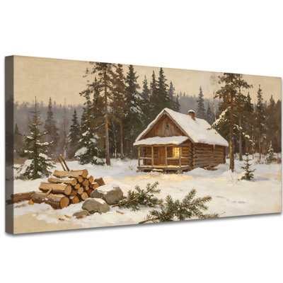 Winter Cabin Wall Art Rustic Snowy Forest Painting Neutral Woodland Winter Pictures Seasonal Christmas Canvas Artwork Decor Framed Print for Living Room Bedroom Holiday Wall Decoration, 24x47 inches