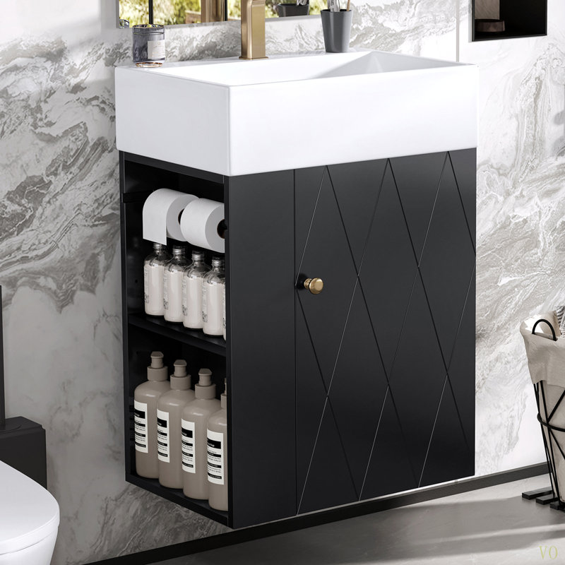 Meuble-lavabo de 20 po avec lavabo en céramique, poignée de porte à motif de losanges et tablettes de rangement latérales - petit cabinet moderne avec barre à serviettes, fabrication en panneau de fibres à densité moyenne, assemblage requis