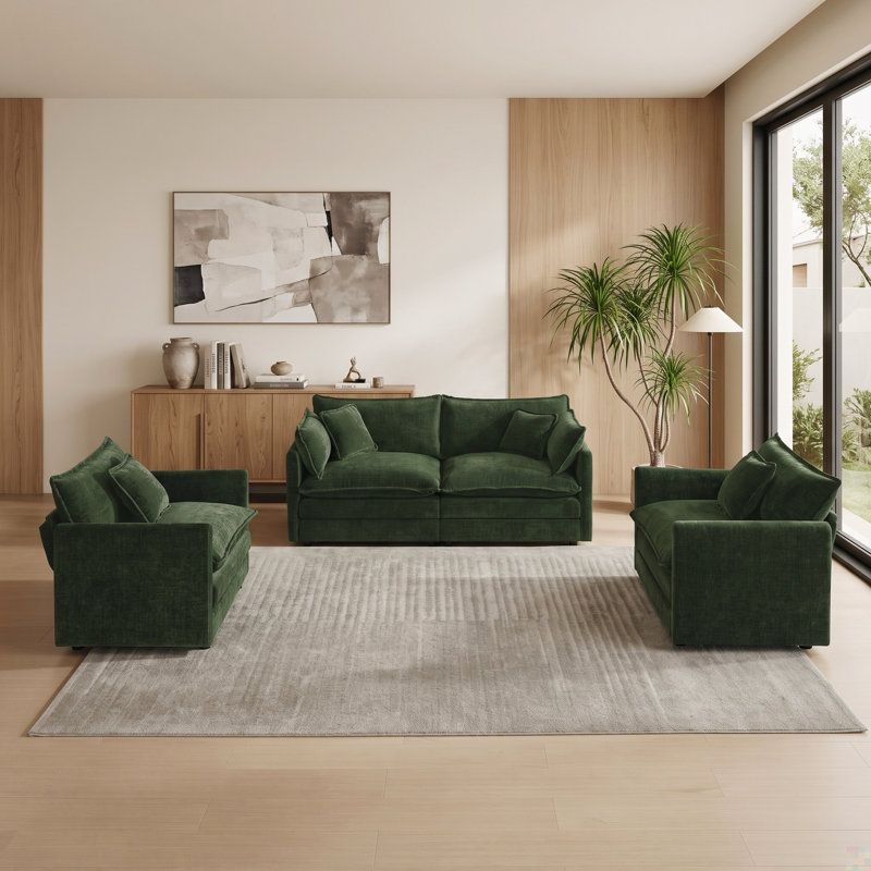 Ensemble de salon 3 pièces avec causeuse et 2 chaises d'appoint, revêtement richement texturé, vert foncé