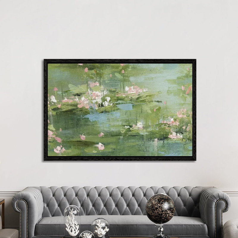 Celadon Waterlillies I by Carol Robinson - Painting on Canvas, Black Framed, 152.5 cm H x 101.5 cm W