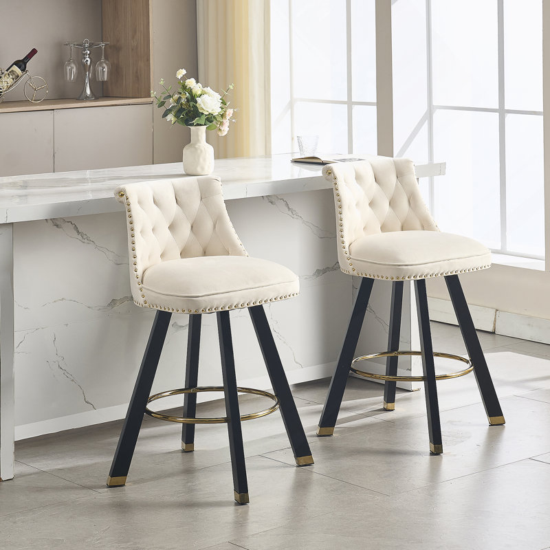 Set of 2,Back pull point design, velvet material, 360 degree rotation, back pull loop detachable design, rivet decoration, square foot wooden bar chair
