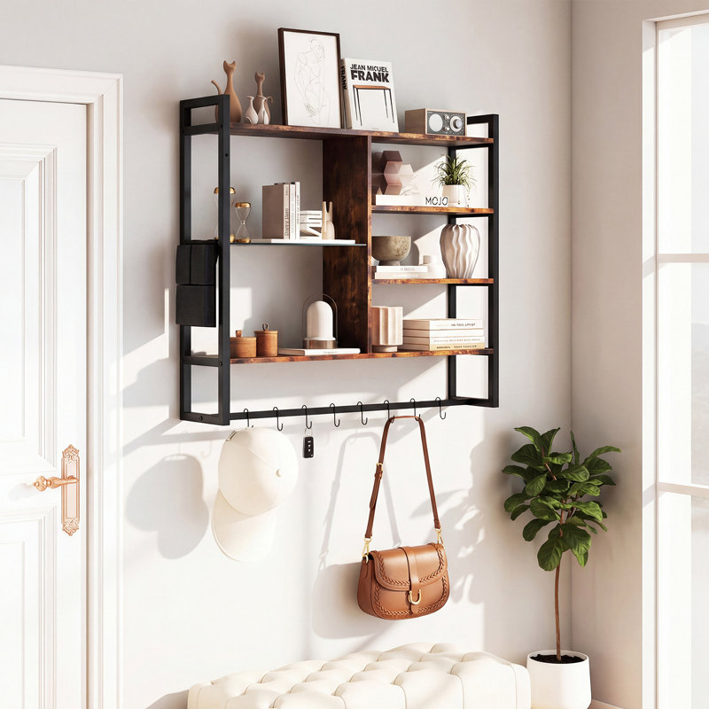 96cm H x 107cm W Metal Floating Bookcase, Brown/Black