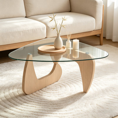 Mid-Century Glass Coffee Table with Wooden Base,Triangle Tea Table(43"×29"×15.75")