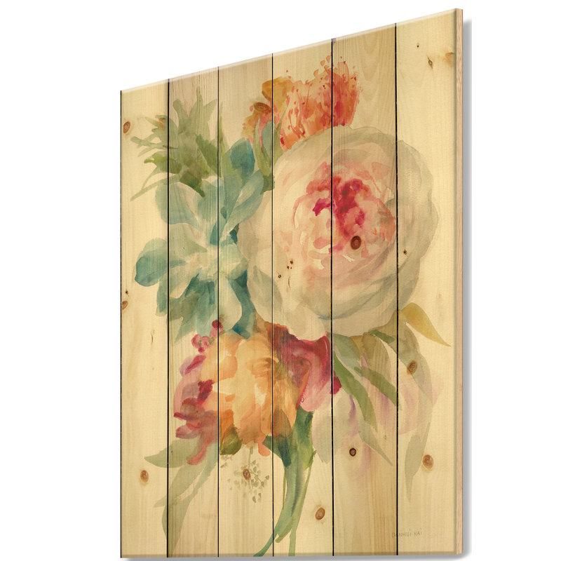 Multicolore French Bouquet II - imprimé campagnard sur bois de pin naturel, H 46 po x l 36 po x P 1,5 po