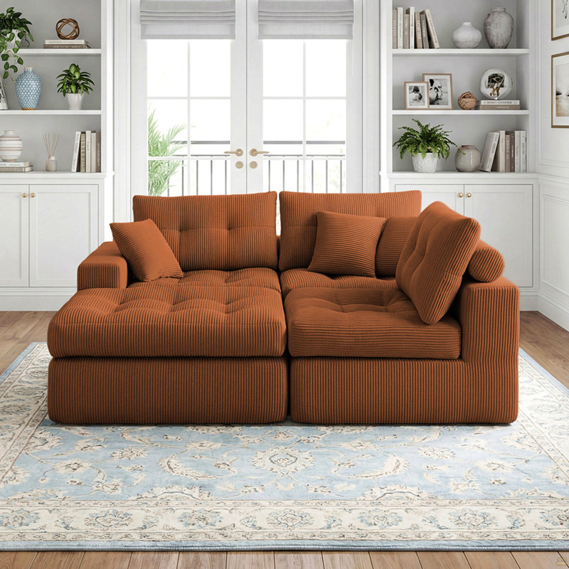 Canapé convertible en coin avec méridienne à compression Corduroy, canapé modulaire en L avec éponge haute densité, canapé convertible sans assemblage requis