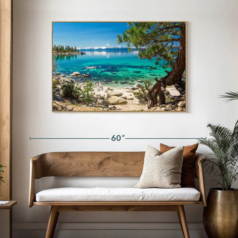 Turquoise, lac Tahoe, Cadre flottant en bois naturel, 46 po x 31 po