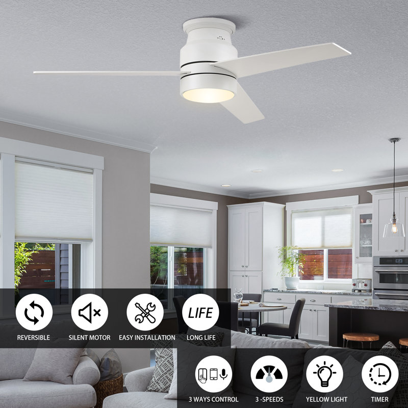 52"  3 - Blade LED Smart DC Ceiling Fan with Wall Control and Light Kit Included, White