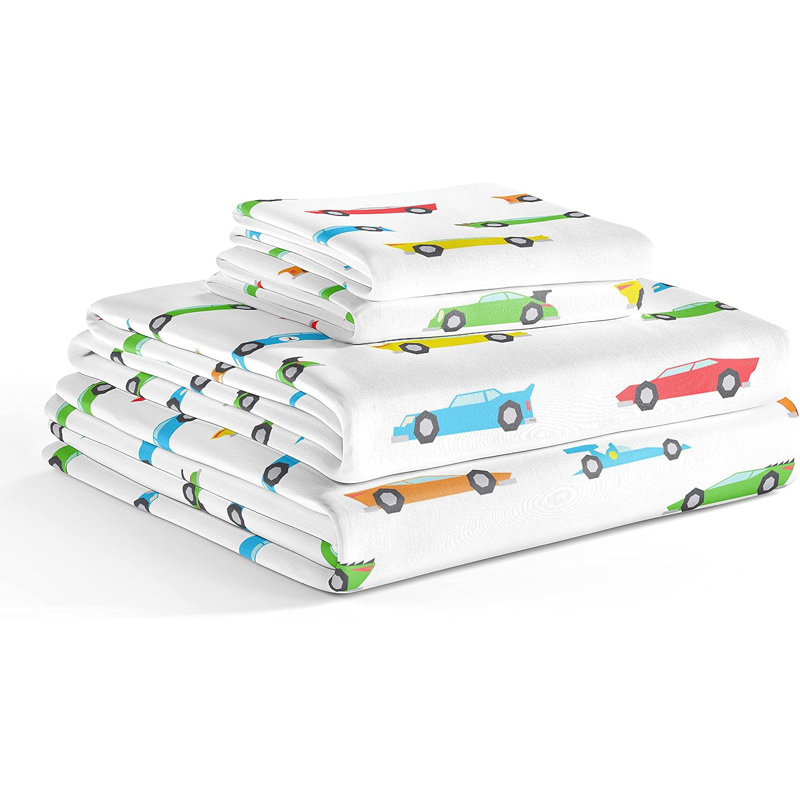 Kids Full Size White Microfiber Racecar Print Sheet Set