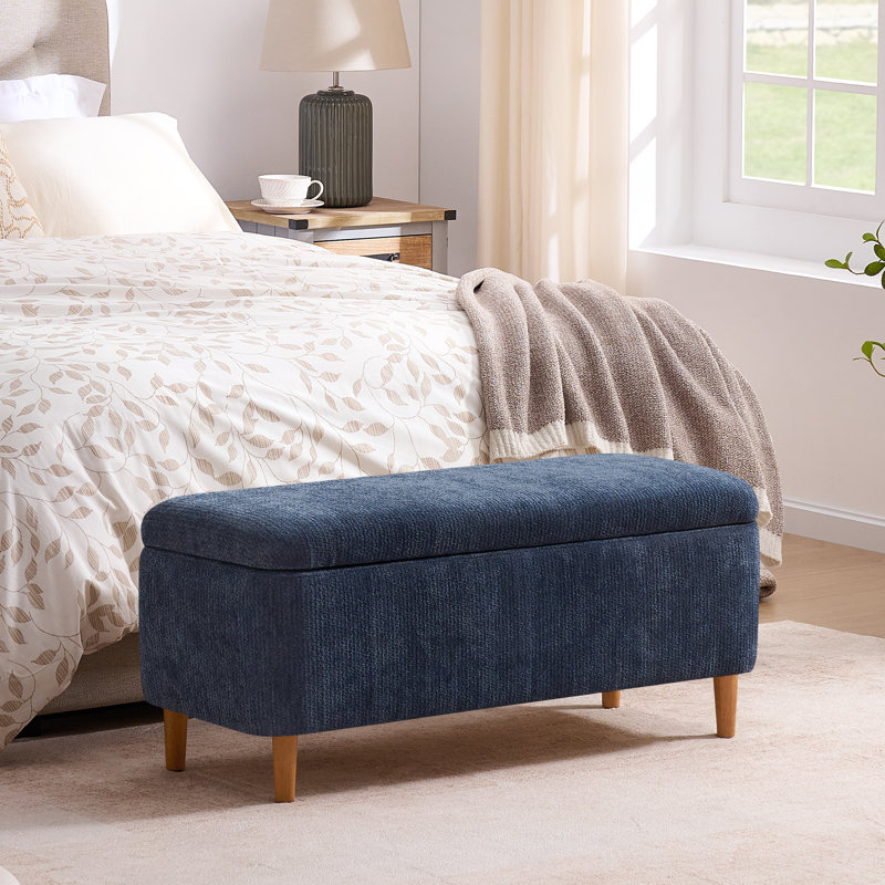 Polyester Upholstered Storage Bench, Blue