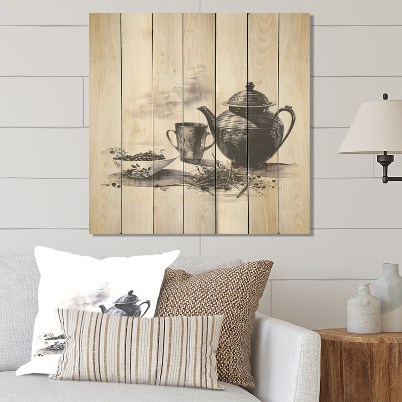 Service à thé noir et blanc «Boho's Potteries IV» - poterie bohème sur bois, H 36 po x l 36 po