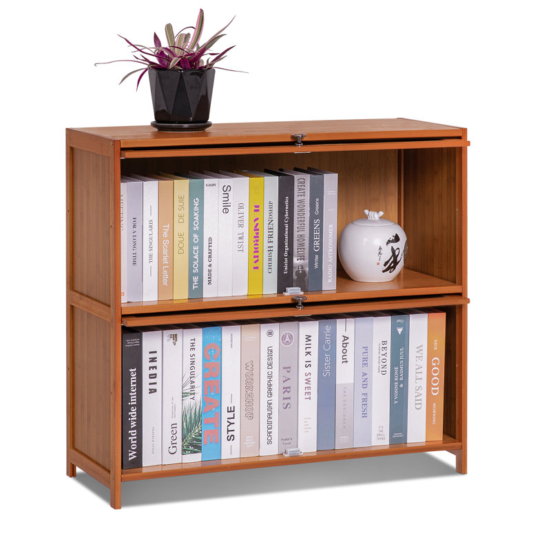 Brown Bamboo Rectangular Bookcase with Flip Doors