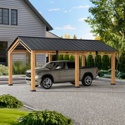 Abri d'auto en bois de cèdre FSC de 20 pi x 11 pi avec toit en acier galvanisé résistant aux intempéries avec revêtement thermolaqué Sunjoy