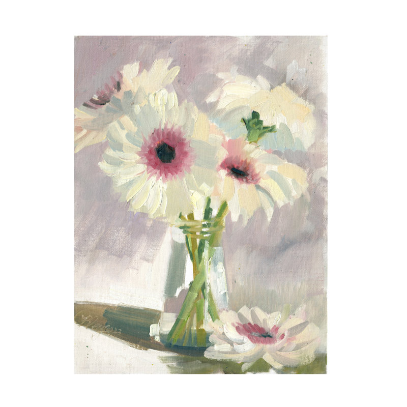 Art mural sur toile tendue - "Gerberas blancs" Bley Hack pour décoration de salon, de chambre à coucher ou de bureau - 14 x 19
