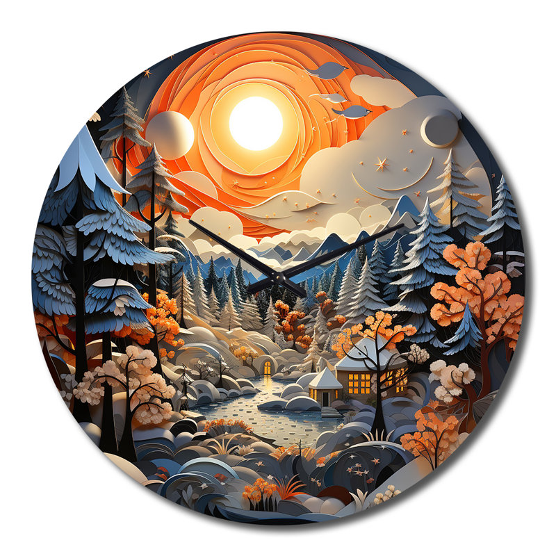 Horloge murale paysage d'hiver orange et bleu Papercut II, Très grand