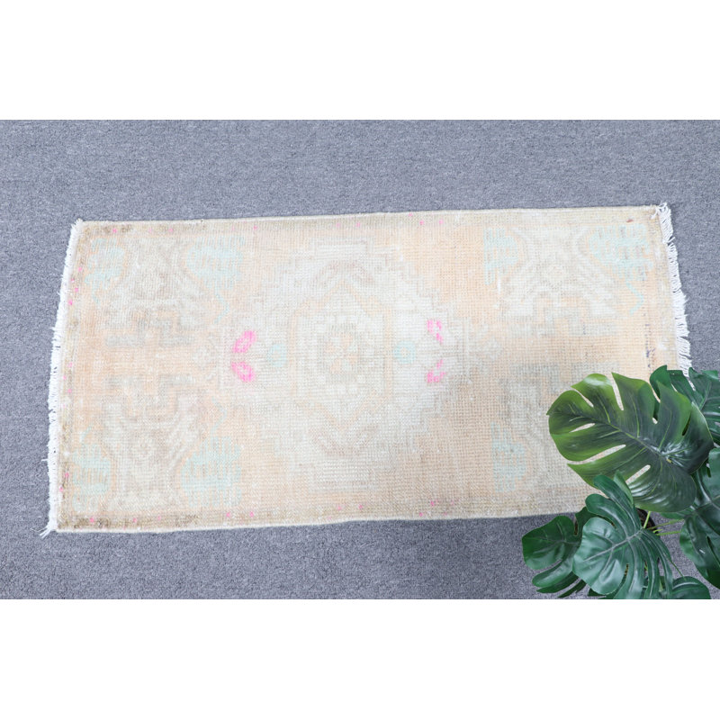 Handmade Vintage Anatolian Small Rug in Beige Perfect for Hallway Entryway or as A Door Mat