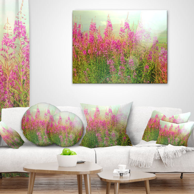 Coussin Floral Prairie, Rose / Vert clair, 16 po x 1 po, Carré