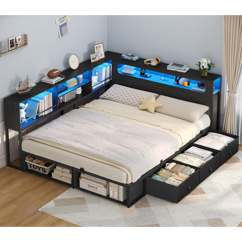 Corner Bed Frame With Bookcase Storage & Rgb Lights, Charging Station, Metal Daybed With 3 Drawers & 2 Open Cubbies, For  Small Space