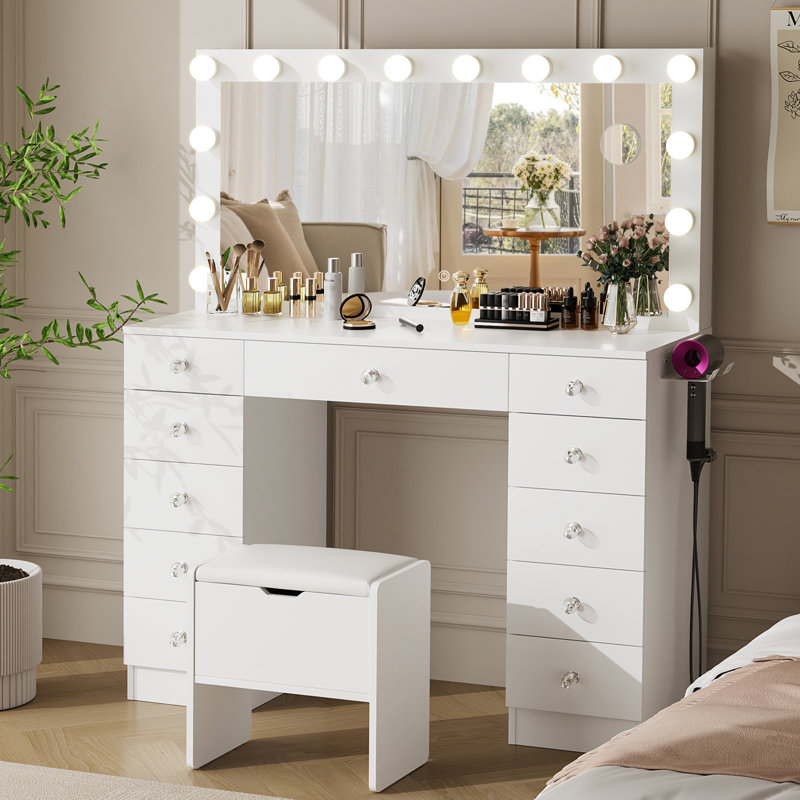 ​​Greyden Makeup Vanity Set with 11 Drawers and Outlets, Dresser with 10X Magnifying Mirror for Bedroom, White