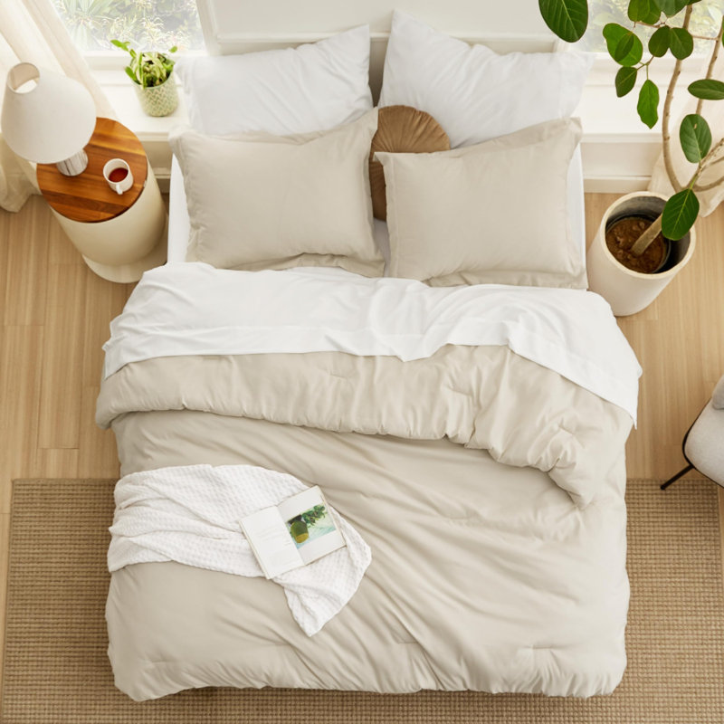Ensemble d'édredon très grand taille - 7 pièces Ensemble de literie très grand beige pour toutes les saisons, lit de style bohème contrastant dans un sac avec édredon, draps, taies d'oreiller et taies décoratives