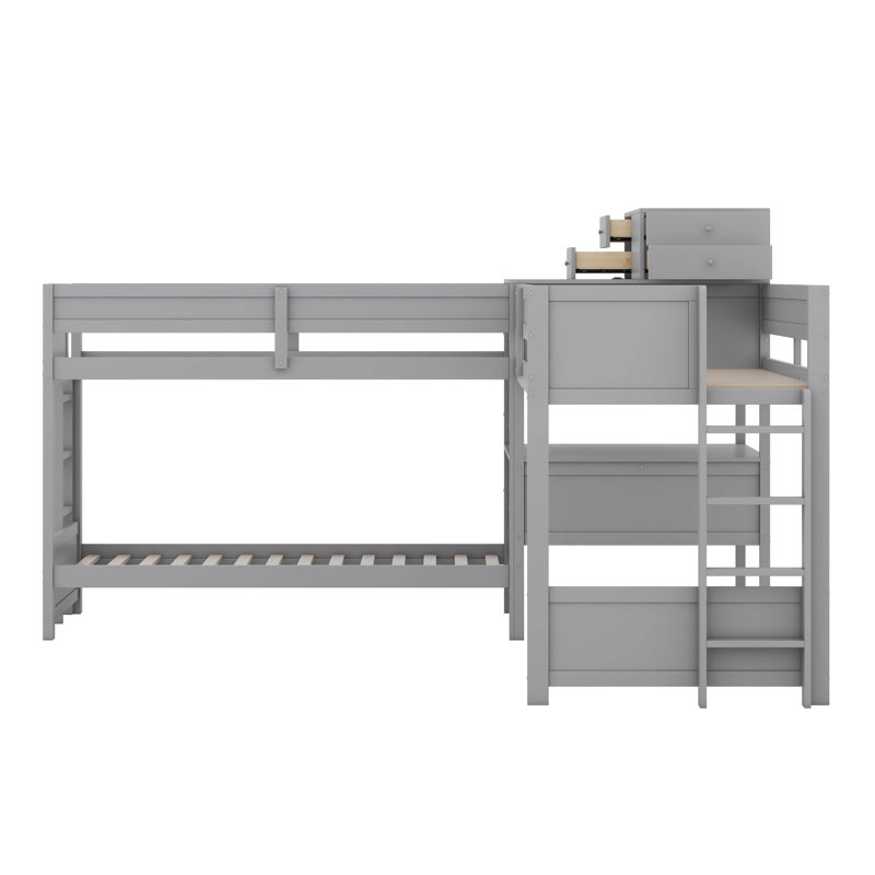 Lit simple superposé en forme de L avec bureau et tiroirs de rangement, lit superposé peu encombrant, Gris