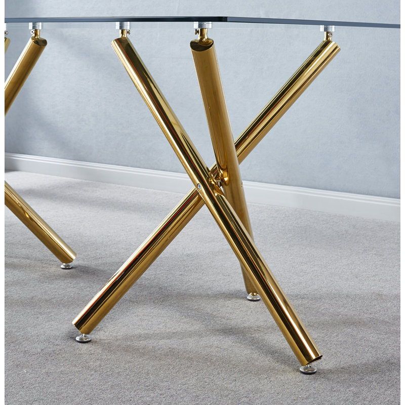 Table de salle à manger rectangulaire en verre trempé avec base double en acier inoxydable, design d'intérieur de salle à manger moderne, pour 6 personnes