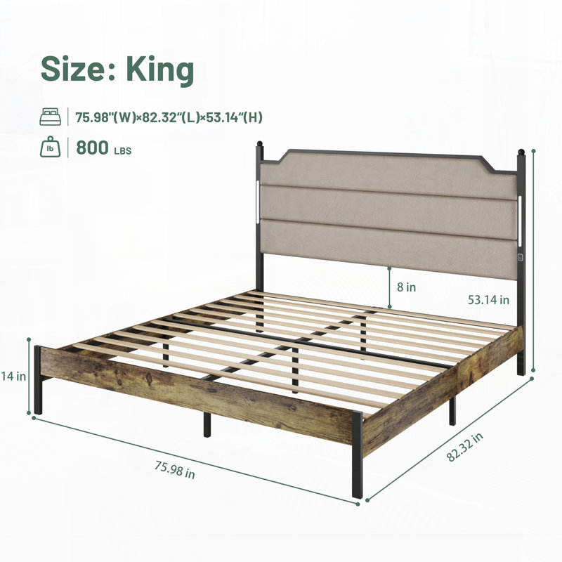 King Size Bed Frame with Upholstered Headboard , Queen Bed Frame with Charging Station and LED Lights, Wood Slats, Easy Assembly,No Box Spring Needed,Industrial Brown
