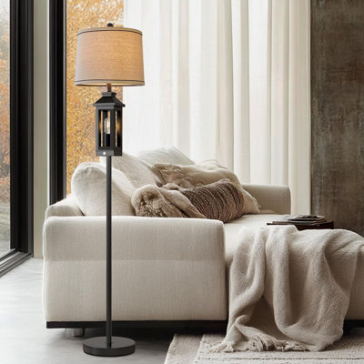 Lampe sur pied de 63 po de hauteur avec 2 sources de lumière, lampe de lecture à intensité variable à 3 voies pour le salon, la chambre à coucher, la table de chevet, la décoration rustique maison de campagne, lampe sur pied entièrement noire avec 