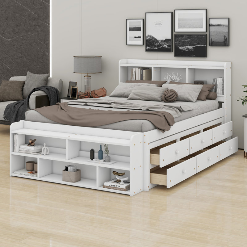 Lit avec tête de lit bibliothèque, tiroirs de rangement sous le lit et étui de rangement, Blanc