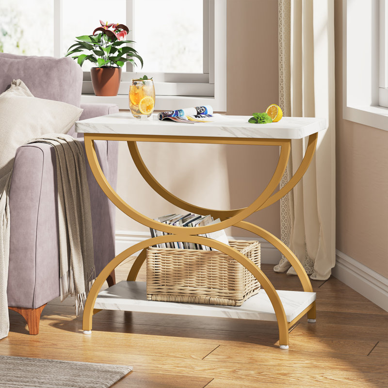 Jen End Table with Storage, White/Gold