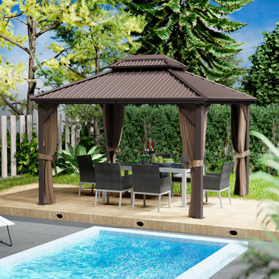 Kozyard Caesar Dark Brown Double Roof Hardtop Gazebo with Curtain and Mosquito Netting -  KZCHG1012BR