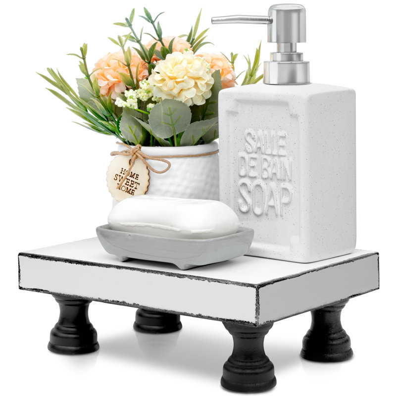 EOSAHR Decorative Wooden Riser for Display : Farmhouse Pedestal Stand for Retro Home Decor and Soap holder for Sink - The Rustic Tray Decor Riser for Kitchen & Bathroom (Black and White)