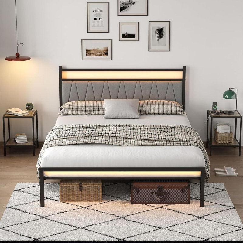 Metal Bed Frame with Storage Headboard and Charging Station LED Lights Modern Design Bed Frame Metal for Bedroom Furniture
