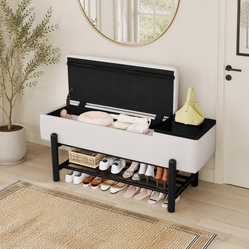 Banc de rangement rembourré Farmhouse avec compartiment caché, banc d'entrée moderne pour le salon et les couloirs