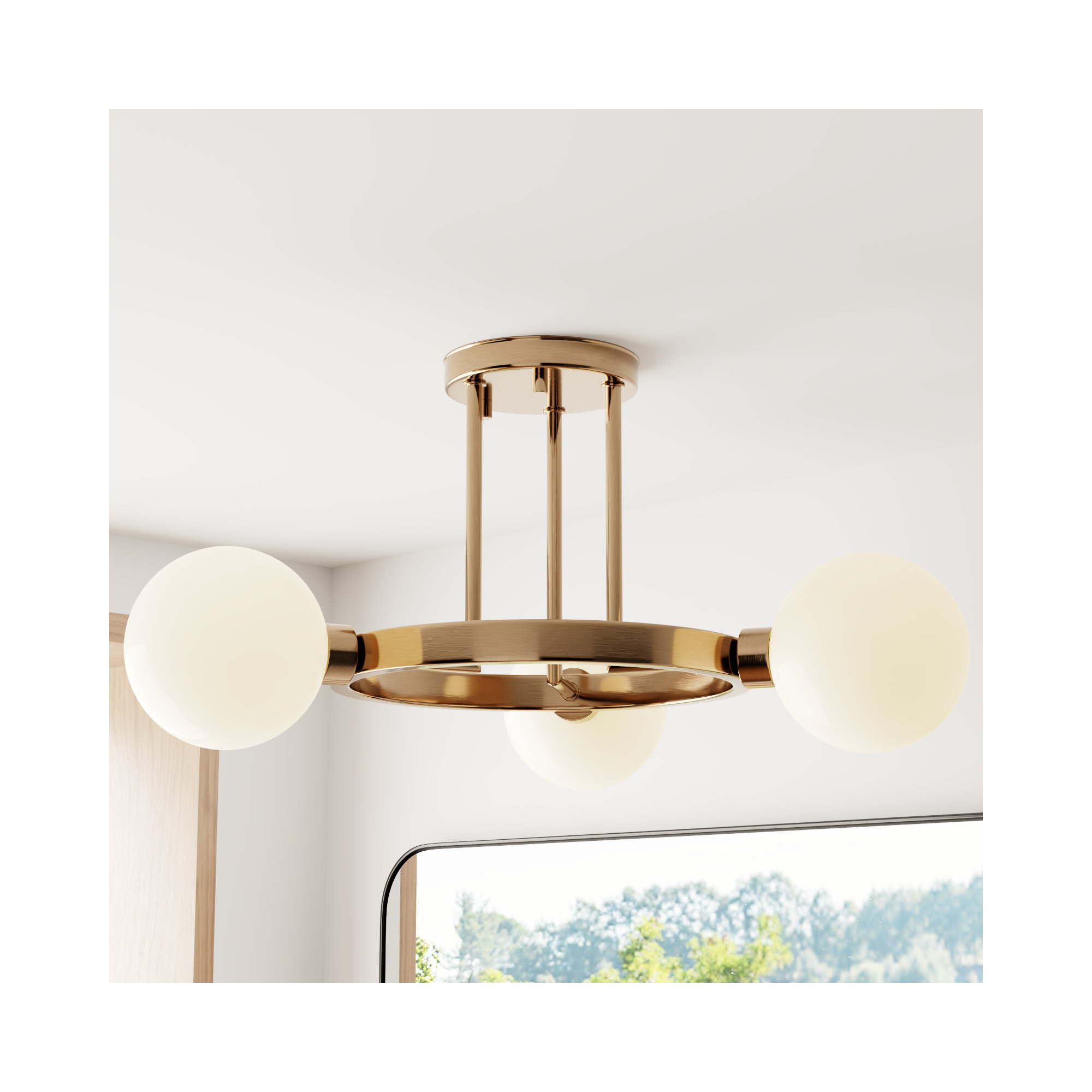 Eveliina 3 Light Glass Semi Flush Mount, Satin Brass