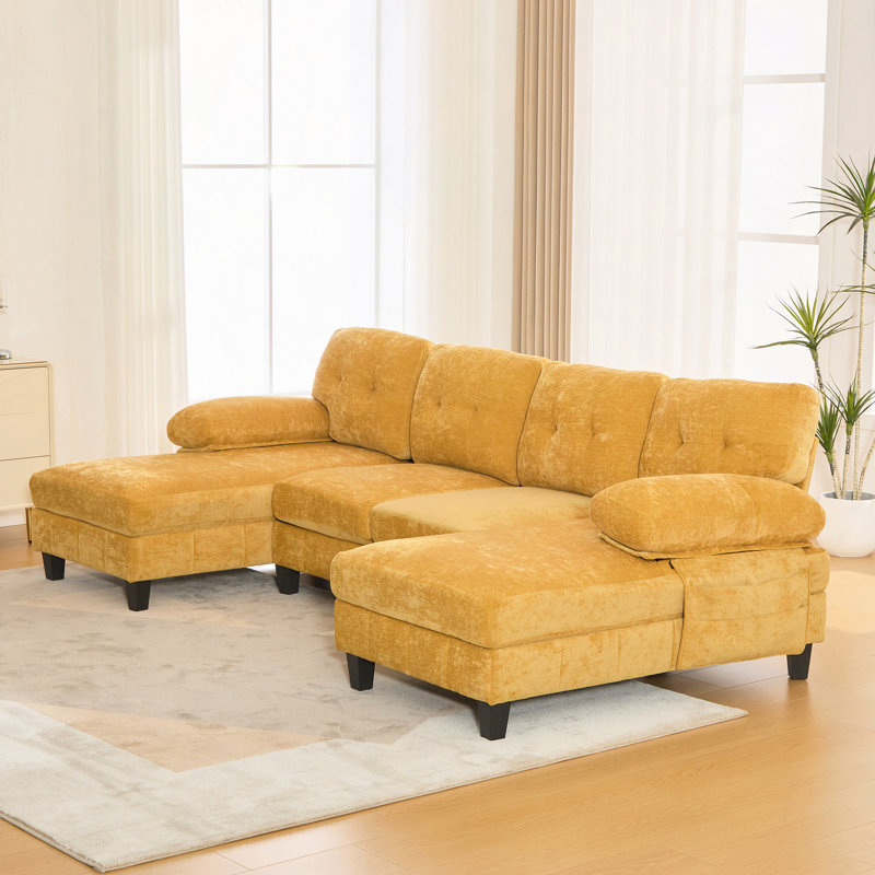 Canapé modulaire en U en chenille de 103,5 po avec méridienne double, poches de rangement et coussins pour accoudoirs, Jaune