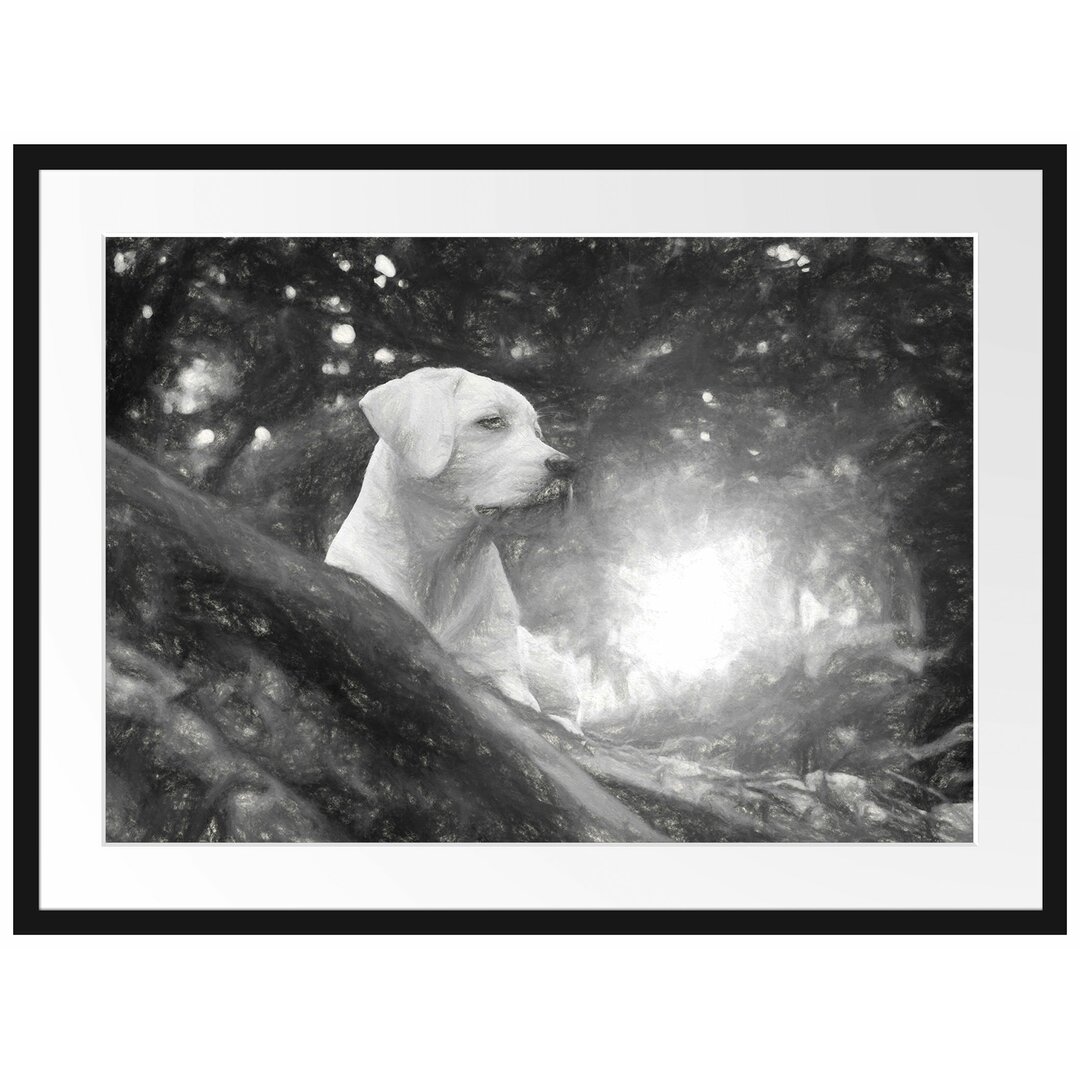 Gerahmtes Papierbild Labrador Welpe im Wald