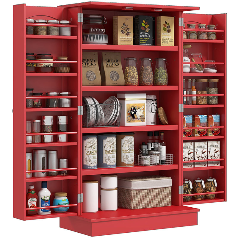 Armoire de cuisine autoportante moderne avec 12 tablettes de porte, Rouge