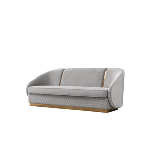 PENELOPE PLUSH VELVET SOFA IN GREY WITH GOLD ACCENT AND THROW PILLOWS