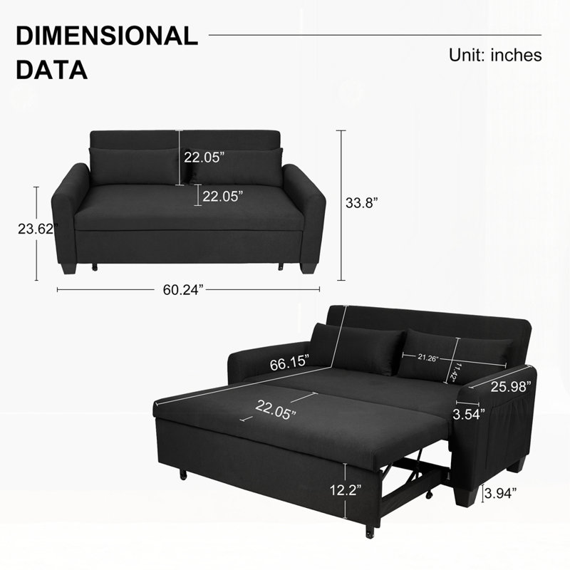 Oversized 61'' Convertible Sleeper Sofa Bed, Black