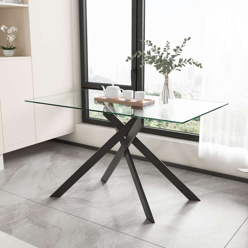 Carlinda Glass Dining Table for 4-6 People, Rectangular Kitchen Table with Cross Metal Legs, Modern Dining Table for Small Spaces