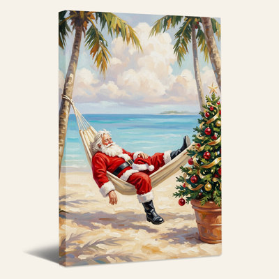 " Santa Claus Relaxing on Tropical Beach with Tree Christmas " Painting