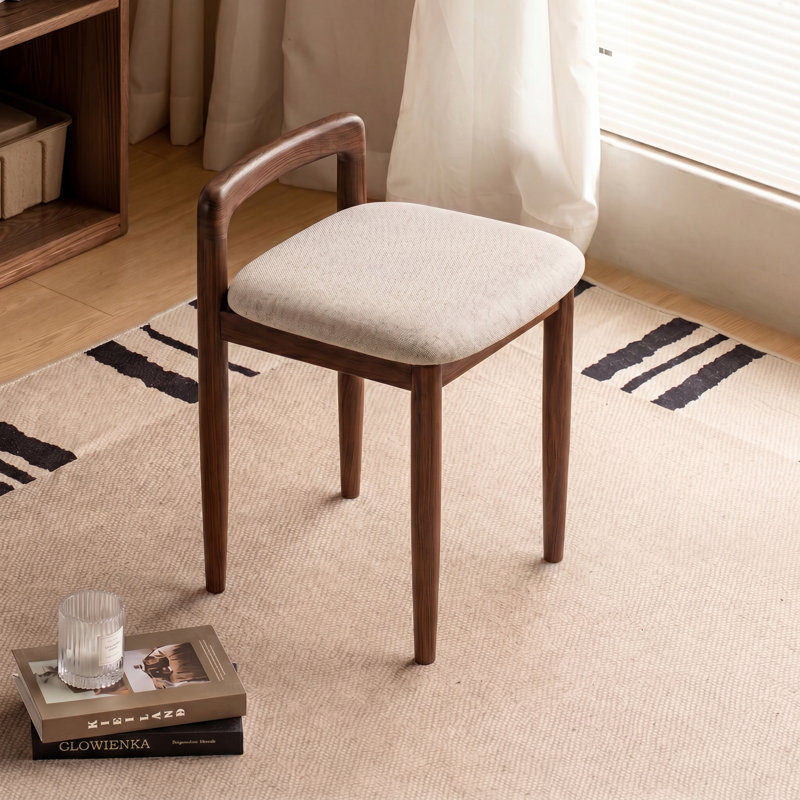 Solid Oak Vanity Stool with Upholstered Seat, Oak brown, Fabric, white