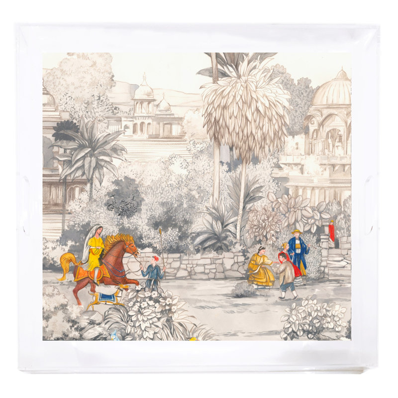 India Horse and Lady Acrylic Square Decorative Tray, 18"W x 18"D x 2"H