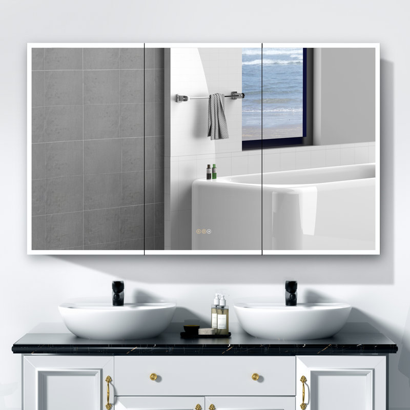 Pharmacie moderne à DEL 60 po x 32 po avec miroir, désembueur et tablettes réglables en verre, grand espace de rangement, encastré ou en surface, conception sans cadre noir