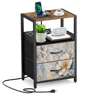 Table de chevet à 2 tiroirs en tissu avec station de charge Table de chevet vintage bleu doré à motif floral avec ports ouverts et prises USB