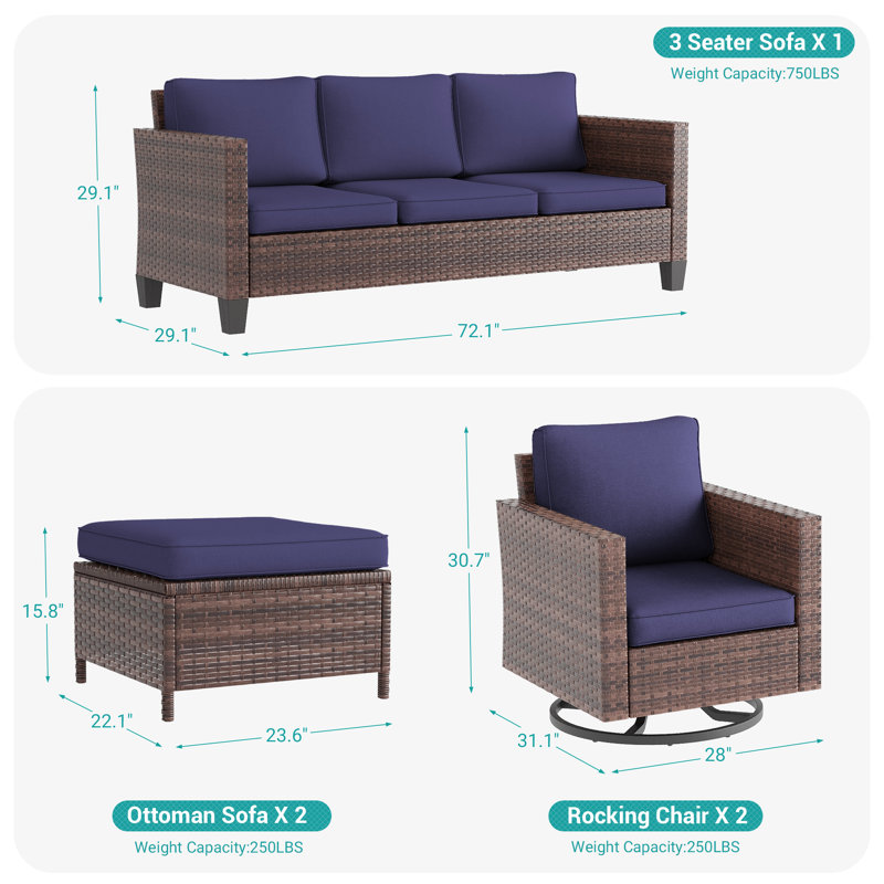Ensemble de conversation d'extérieur pour 5 personnes avec coussins Harloe, Brun, Bleu marine