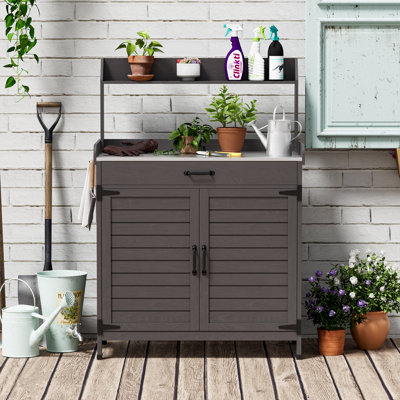 Potting Bench For Outside With Storage, Wooden Potting Table With Metal Work Tabletop, Outdoor Storage Cabinet With 1 Drawer And 3 Hooks